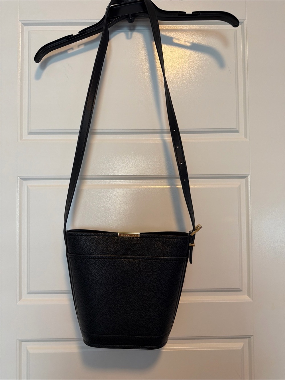 Halston Heritage Black Pebbled Bucket Crossbody with Gold Hardware